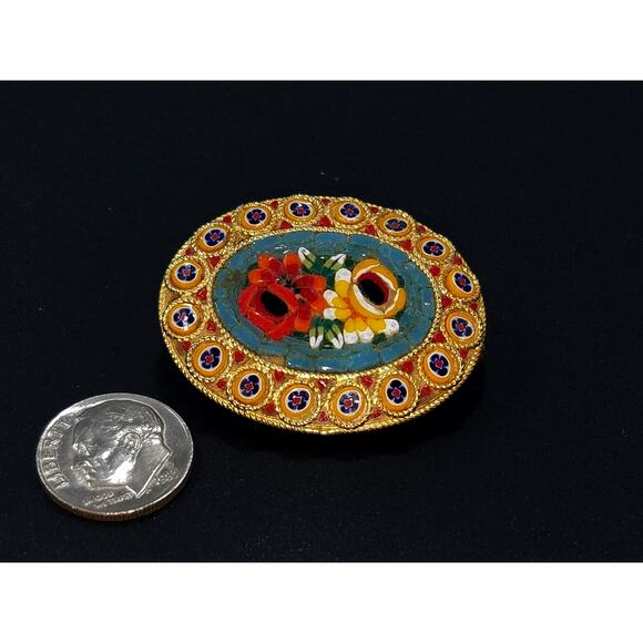 Vintage Italian Floral Micro Mosaic Oval Brooch, Murano Glass, 1950s, 1 1/2 Inch - Picture 9 of 10